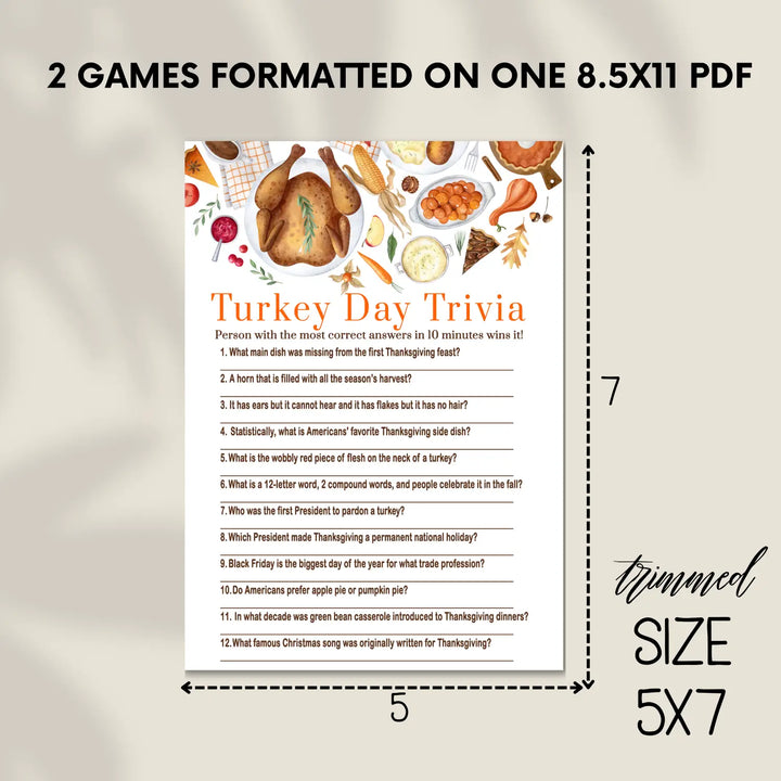 Thanksgiving day trivia game printable – digital download with answer key 5x7 cards instant holiday party fun personal
