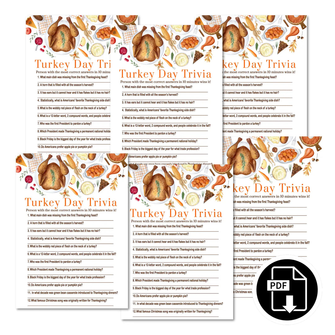 Thanksgiving day trivia game printable – digital download with answer key 5x7 cards instant holiday party fun personal