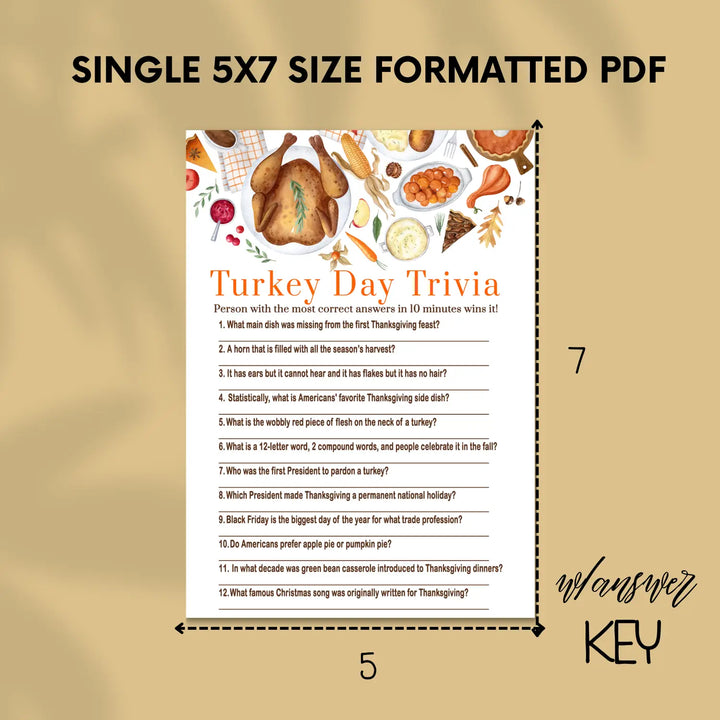 Thanksgiving day trivia game printable – digital download with answer key 5x7 cards instant holiday party fun personal