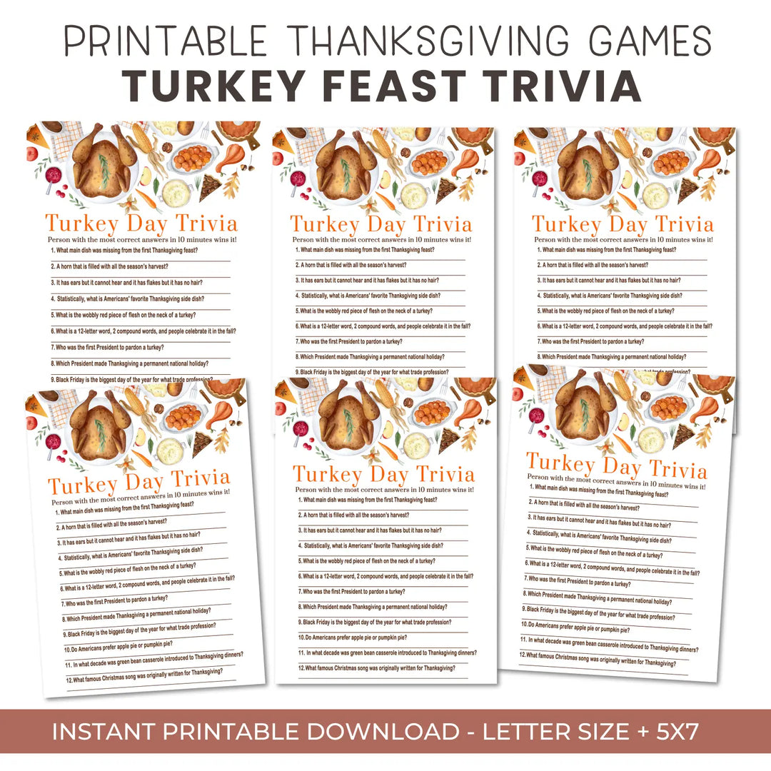Thanksgiving day trivia game printable – digital download with answer key 5x7 cards instant holiday party fun personal
