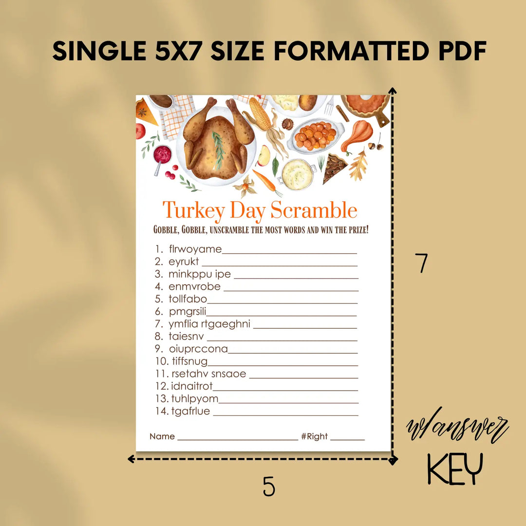 Thanksgiving day word scramble printable – digital download with turkey design answer key 5x7 letter size instant