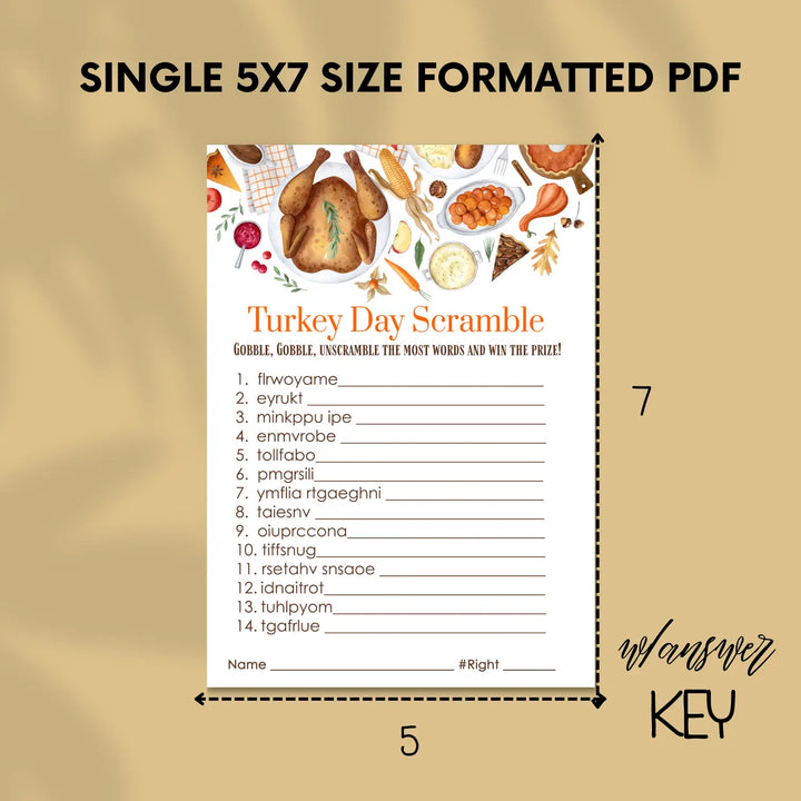 Thanksgiving day word scramble printable – digital download with turkey design answer key 5x7 letter size instant