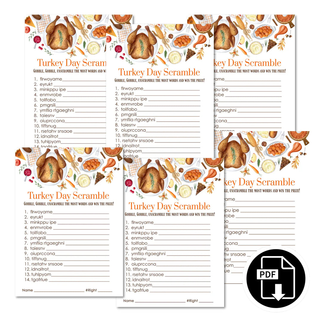 Thanksgiving day word scramble printable – digital download with turkey design answer key 5x7 letter size instant