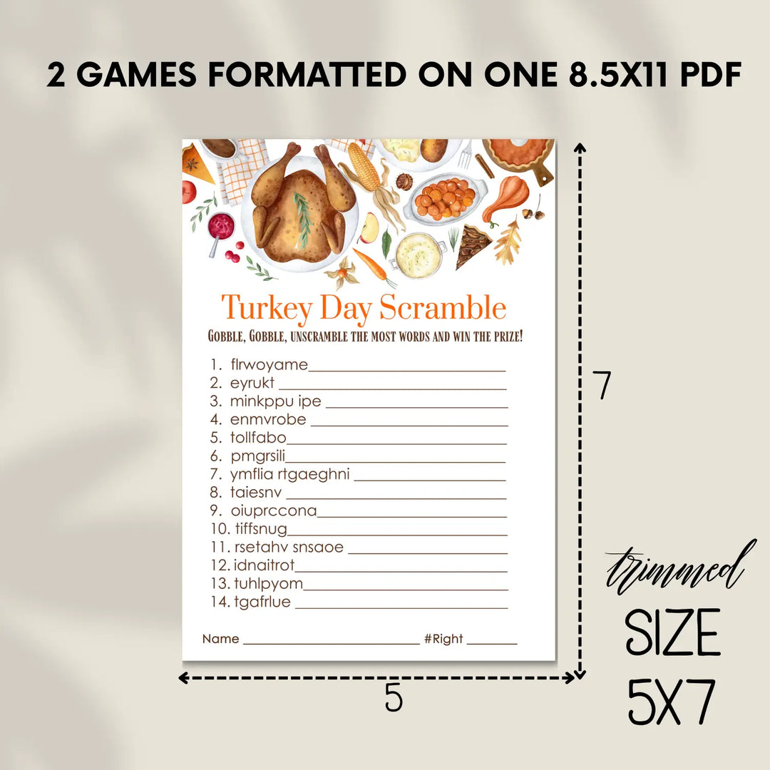 Thanksgiving day word scramble printable – digital download with turkey design answer key 5x7 letter size instant