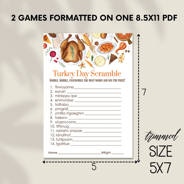 Thanksgiving day word scramble printable – digital download with turkey design answer key 5x7 letter size instant