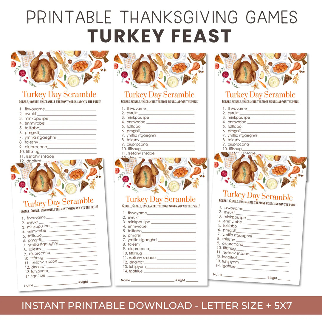 Thanksgiving day word scramble printable – digital download with turkey design answer key 5x7 letter size instant