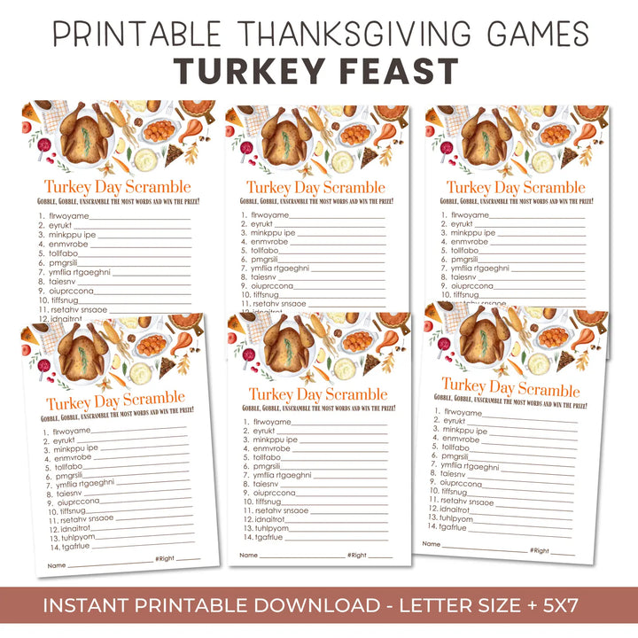 Thanksgiving day word scramble printable – digital download with turkey design answer key 5x7 letter size instant