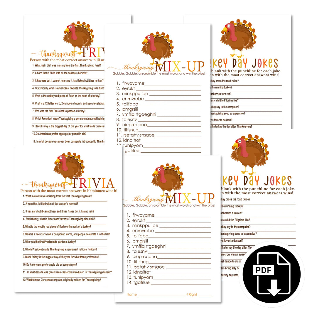 Thanksgiving games bundle turkey – printable word scramble trivia grandpa jokes instant download holiday activity pack