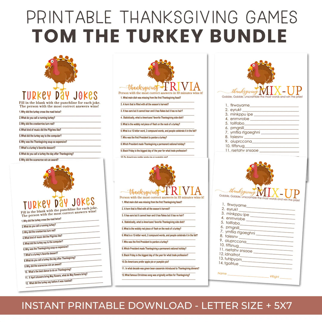Thanksgiving games bundle turkey – printable word scramble trivia grandpa jokes instant download holiday activity pack