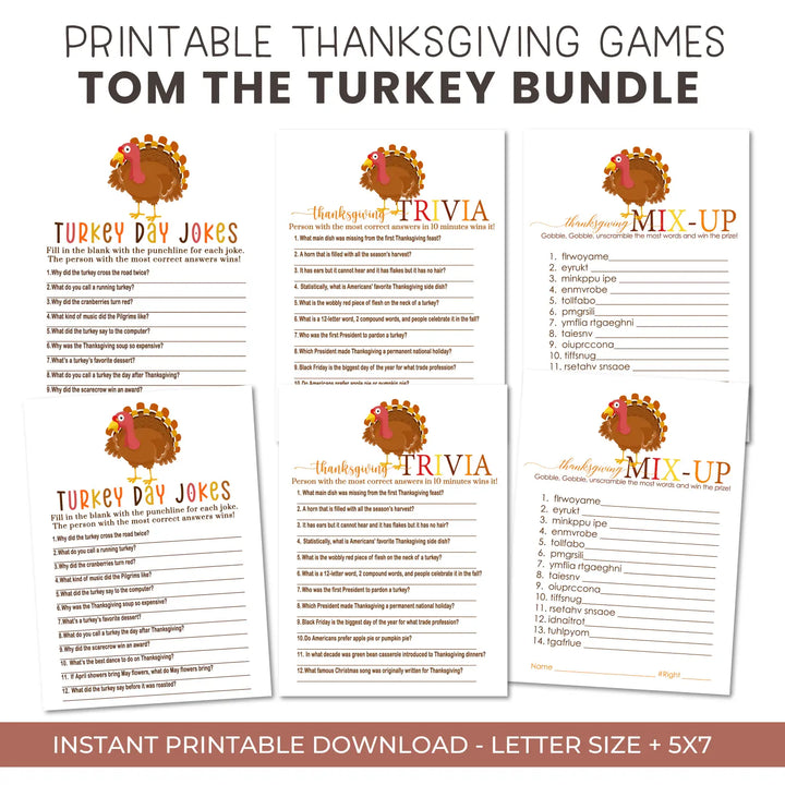 Thanksgiving games bundle turkey – printable word scramble trivia grandpa jokes instant download holiday activity pack