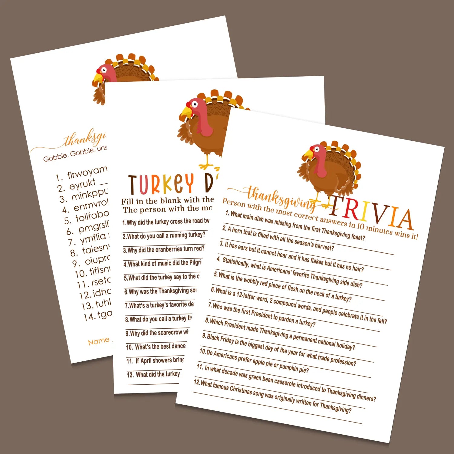 Thanksgiving games bundle turkey – printable word scramble trivia grandpa jokes instant download holiday activity pack
