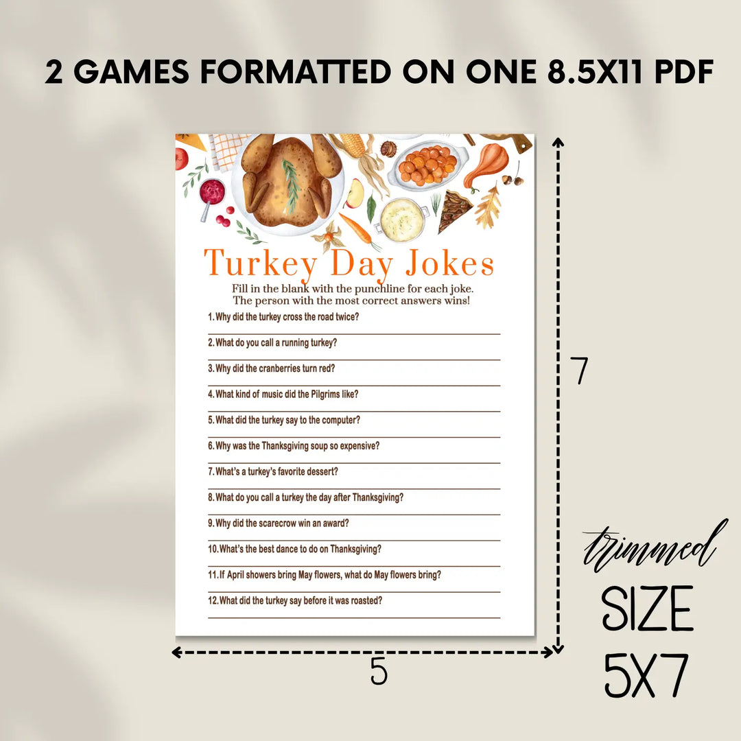 Thanksgiving jokes game printable hilarious family fun – turkey themed digital download 5x7 cards instant - party games