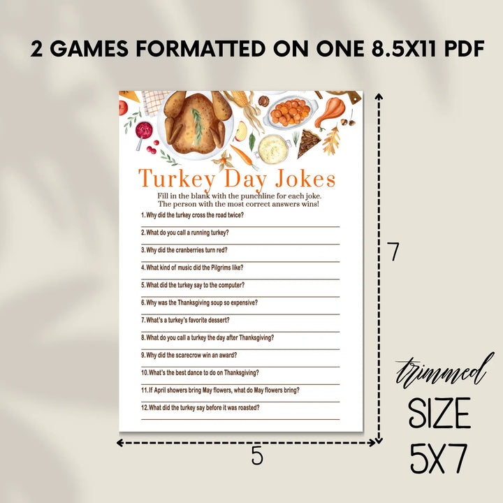 Thanksgiving jokes game printable hilarious family fun – turkey themed digital download 5x7 cards instant - party games