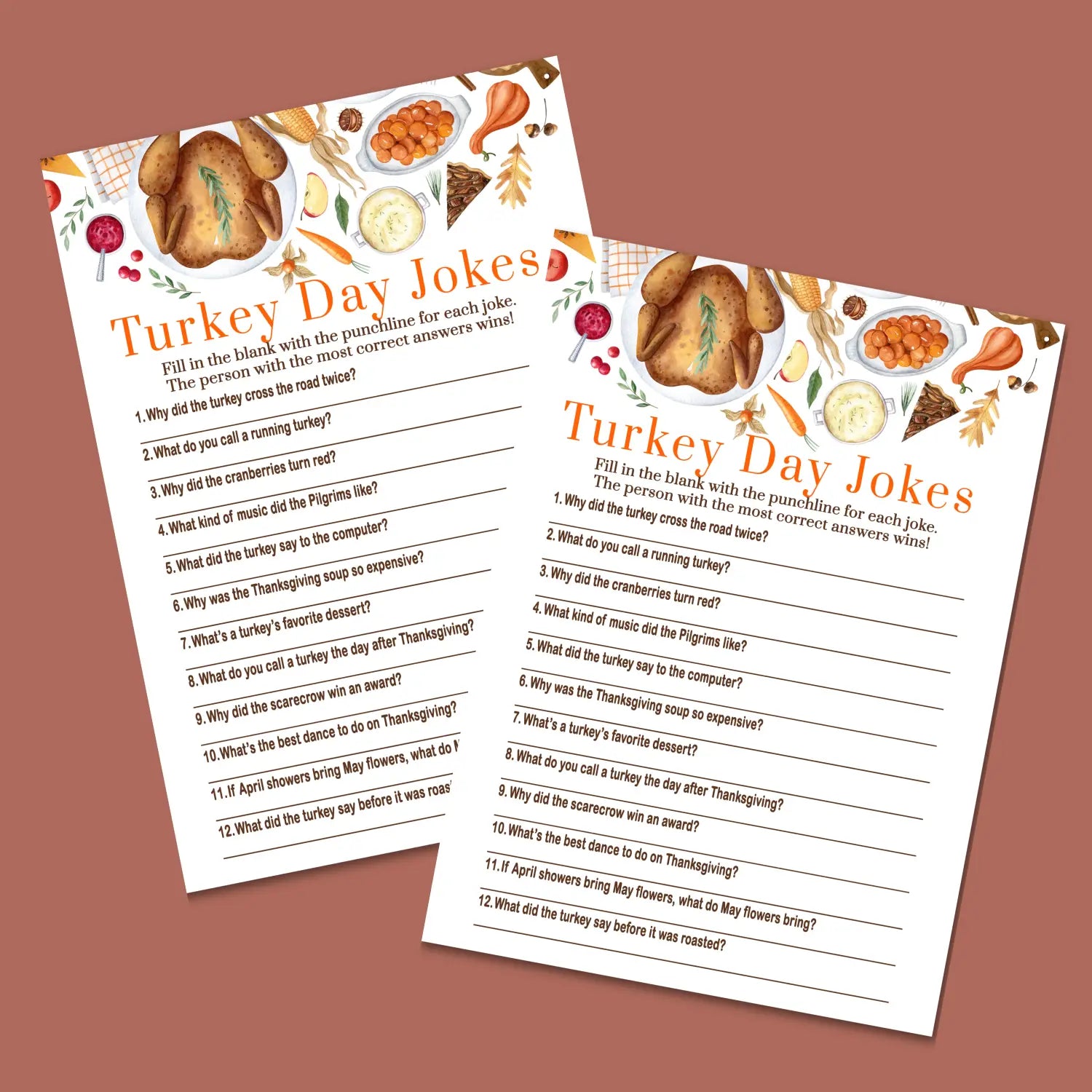 Thanksgiving jokes game printable hilarious family fun – turkey themed digital download 5x7 cards instant - party games