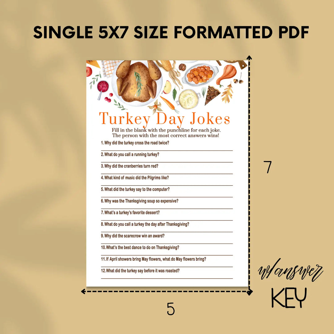 Thanksgiving jokes game printable hilarious family fun – turkey themed digital download 5x7 cards instant - party games