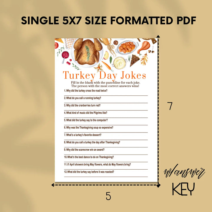 Thanksgiving jokes game printable hilarious family fun – turkey themed digital download 5x7 cards instant - party games
