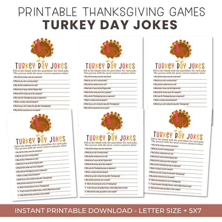 Thanksgiving jokes game printable hilarious family fun – turkey themed digital download 5x7 cards instant - party games