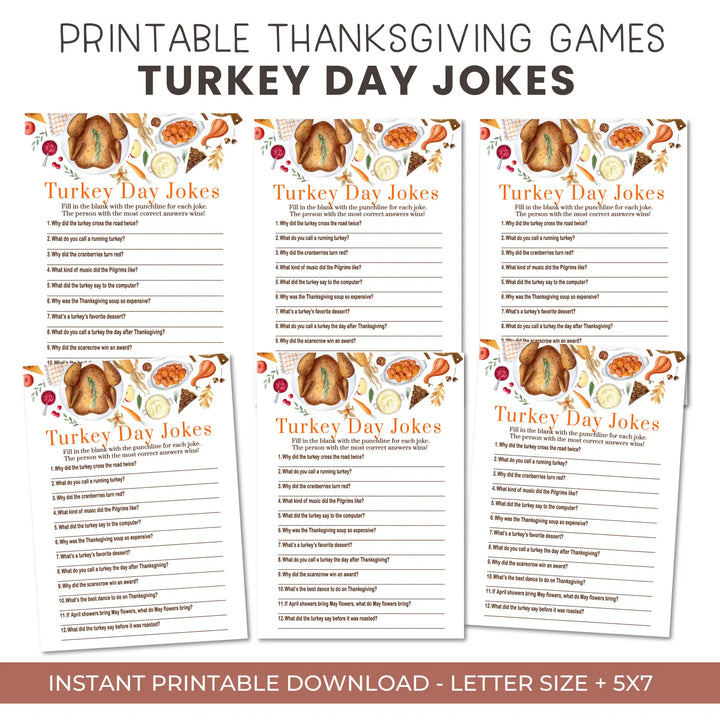 Thanksgiving jokes game printable hilarious family fun – turkey themed digital download 5x7 cards instant - party games