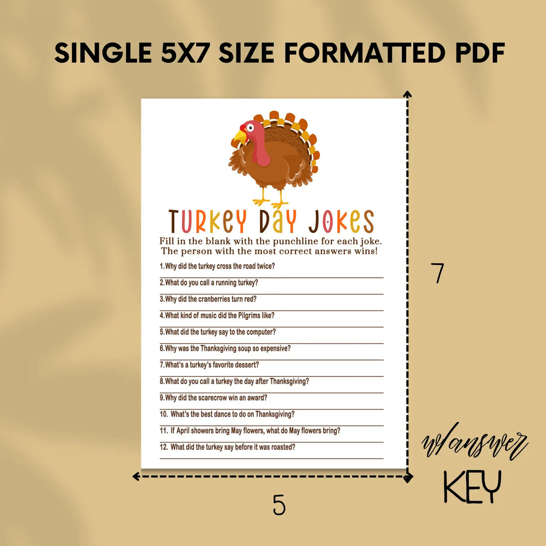 Thanksgiving jokes game printable hilarious family fun – turkey themed digital download 5x7 cards instant - party games