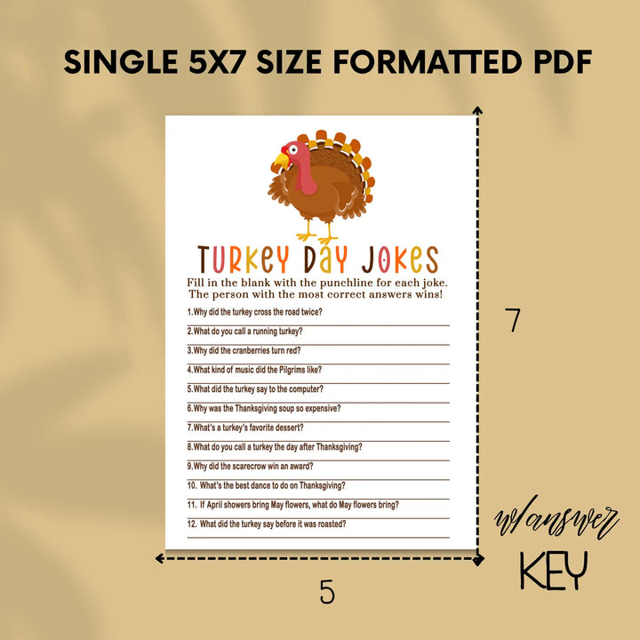 Thanksgiving jokes game printable hilarious family fun – turkey themed digital download 5x7 cards instant - party games