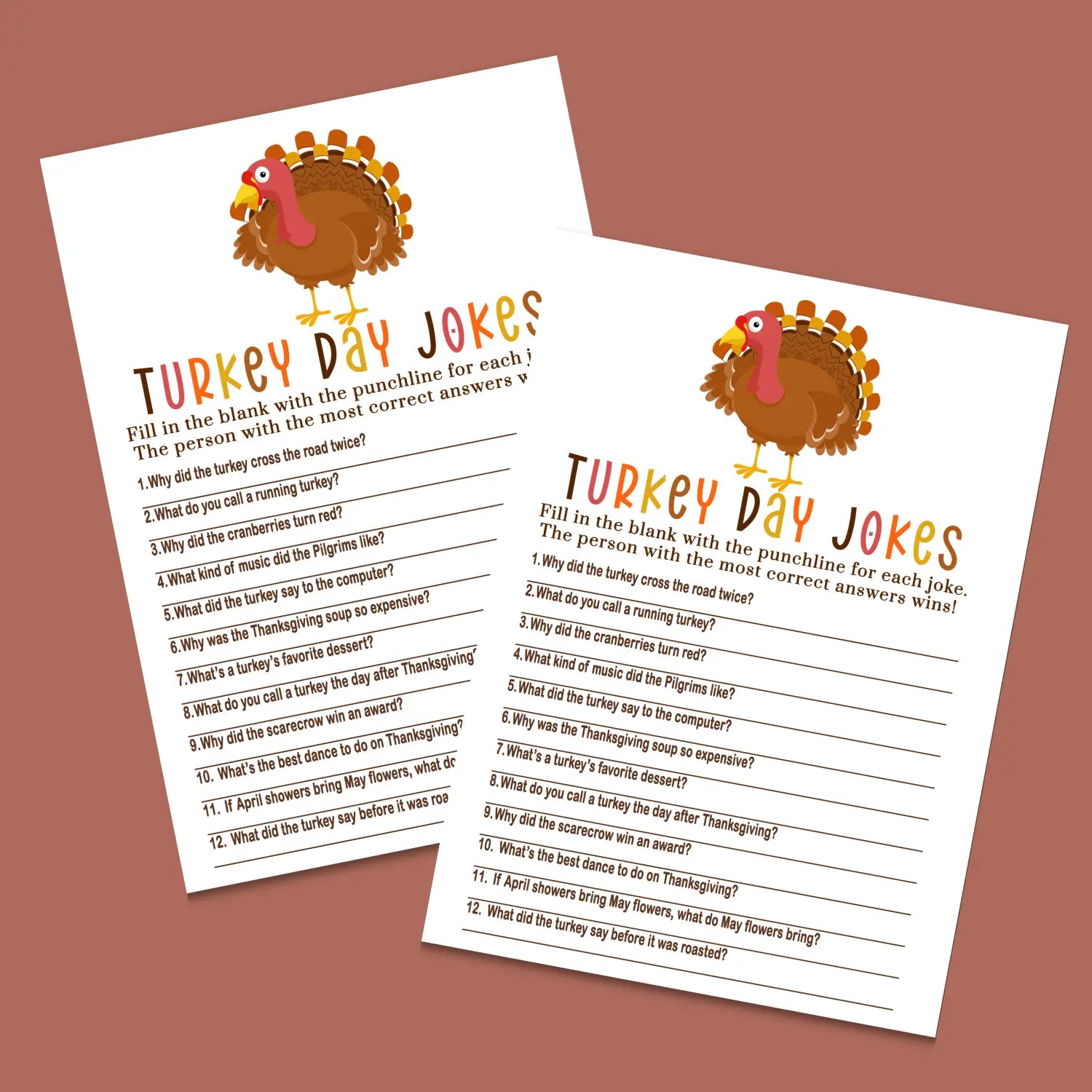 Thanksgiving jokes game printable hilarious family fun – turkey themed digital download 5x7 cards instant - party games