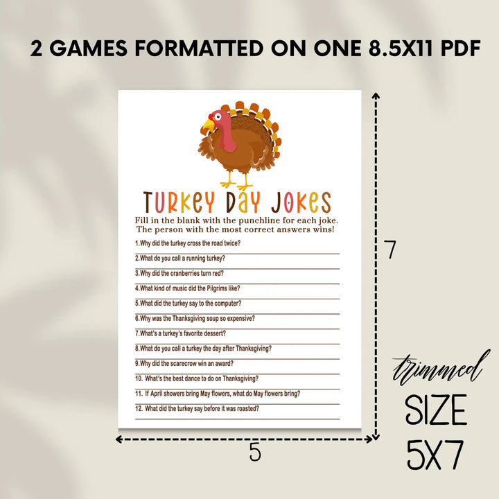 Thanksgiving jokes game printable hilarious family fun – turkey themed digital download 5x7 cards instant - party games