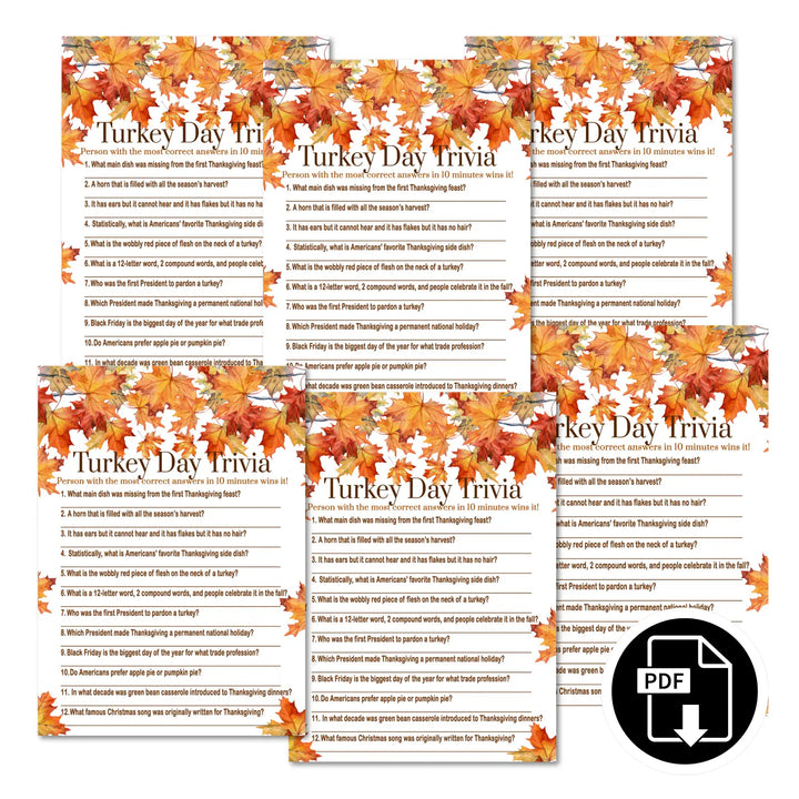 Thanksgiving trivia game printable autumn leaves – digital download with answer key 5x7 cards instant holiday party fun