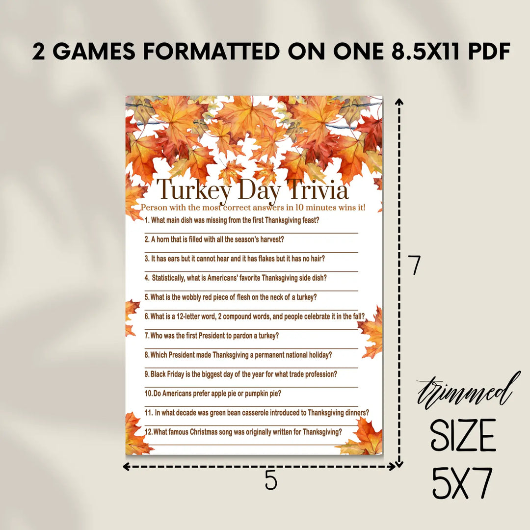 Thanksgiving trivia game printable autumn leaves – digital download with answer key 5x7 cards instant holiday party fun