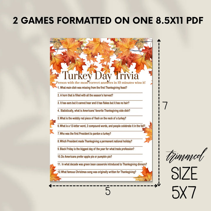 Thanksgiving trivia game printable autumn leaves – digital download with answer key 5x7 cards instant holiday party fun