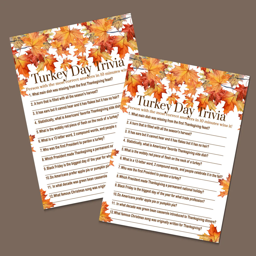 Thanksgiving trivia game printable autumn leaves – digital download with answer key 5x7 cards instant holiday party fun