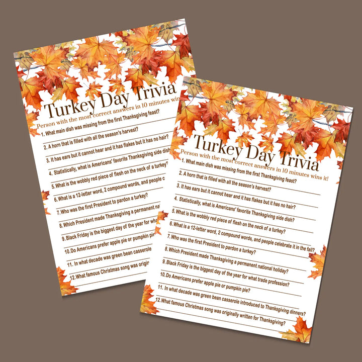 Thanksgiving trivia game printable autumn leaves – digital download with answer key 5x7 cards instant holiday party fun