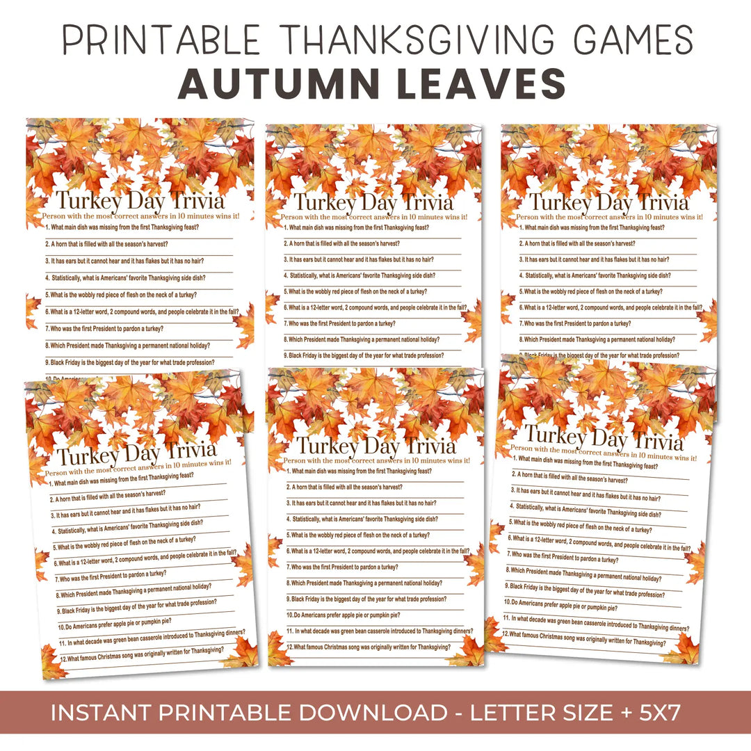 Thanksgiving trivia game printable autumn leaves – digital download with answer key 5x7 cards instant holiday party fun
