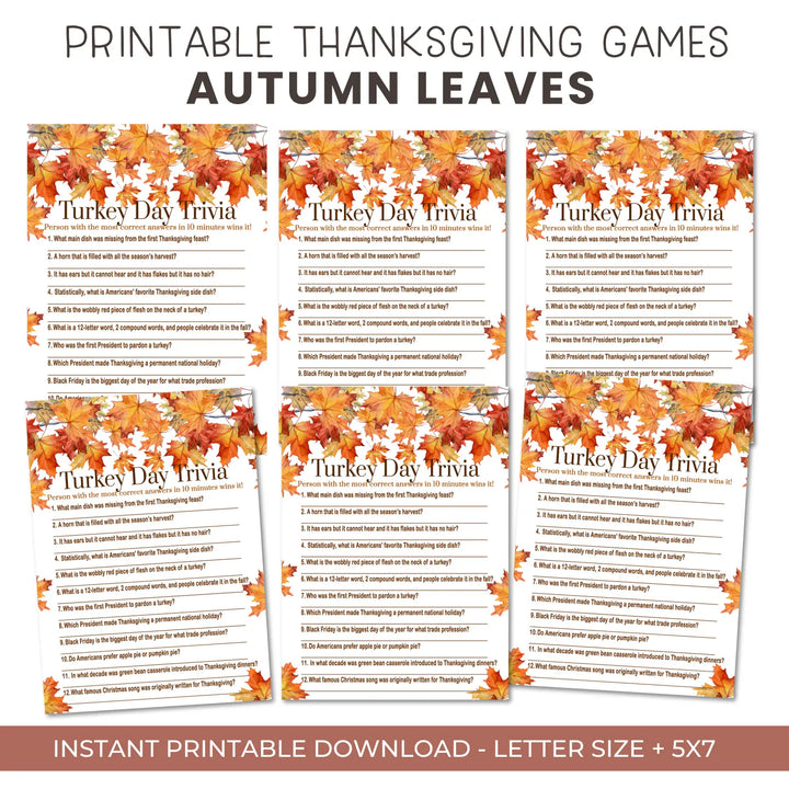 Thanksgiving trivia game printable autumn leaves – digital download with answer key 5x7 cards instant holiday party fun