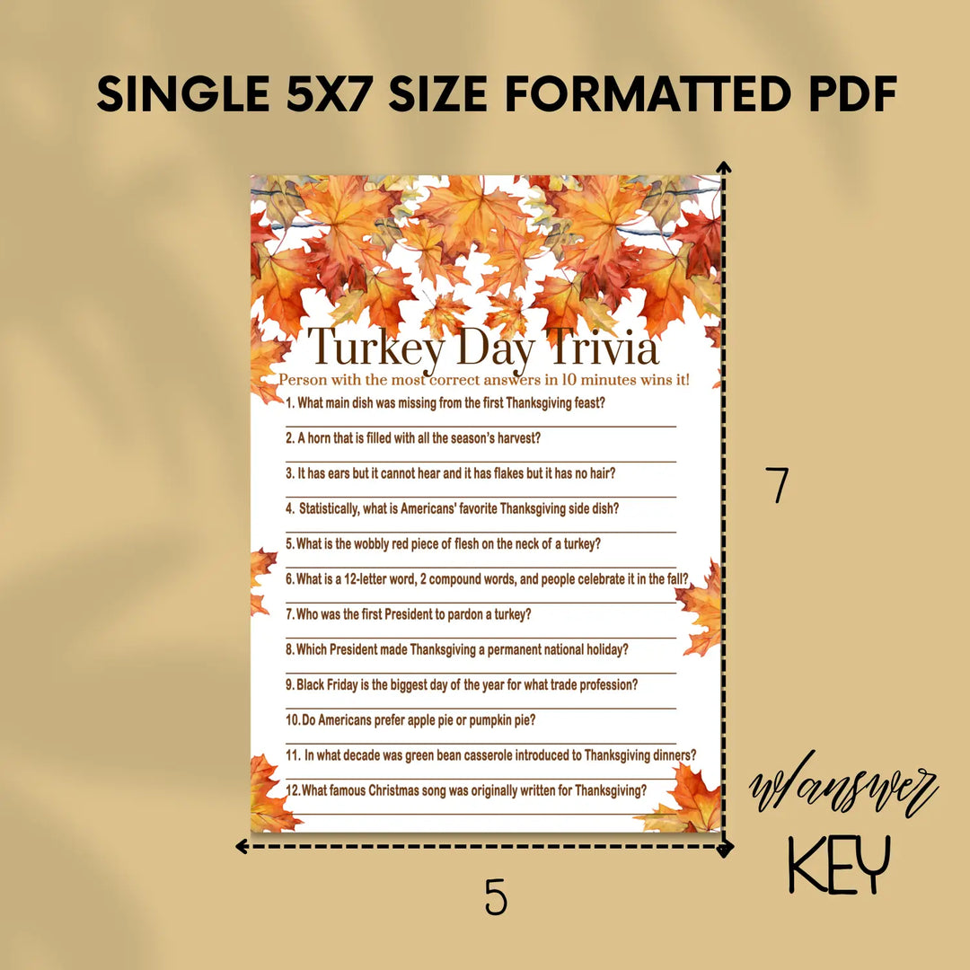 Thanksgiving trivia game printable autumn leaves – digital download with answer key 5x7 cards instant holiday party fun