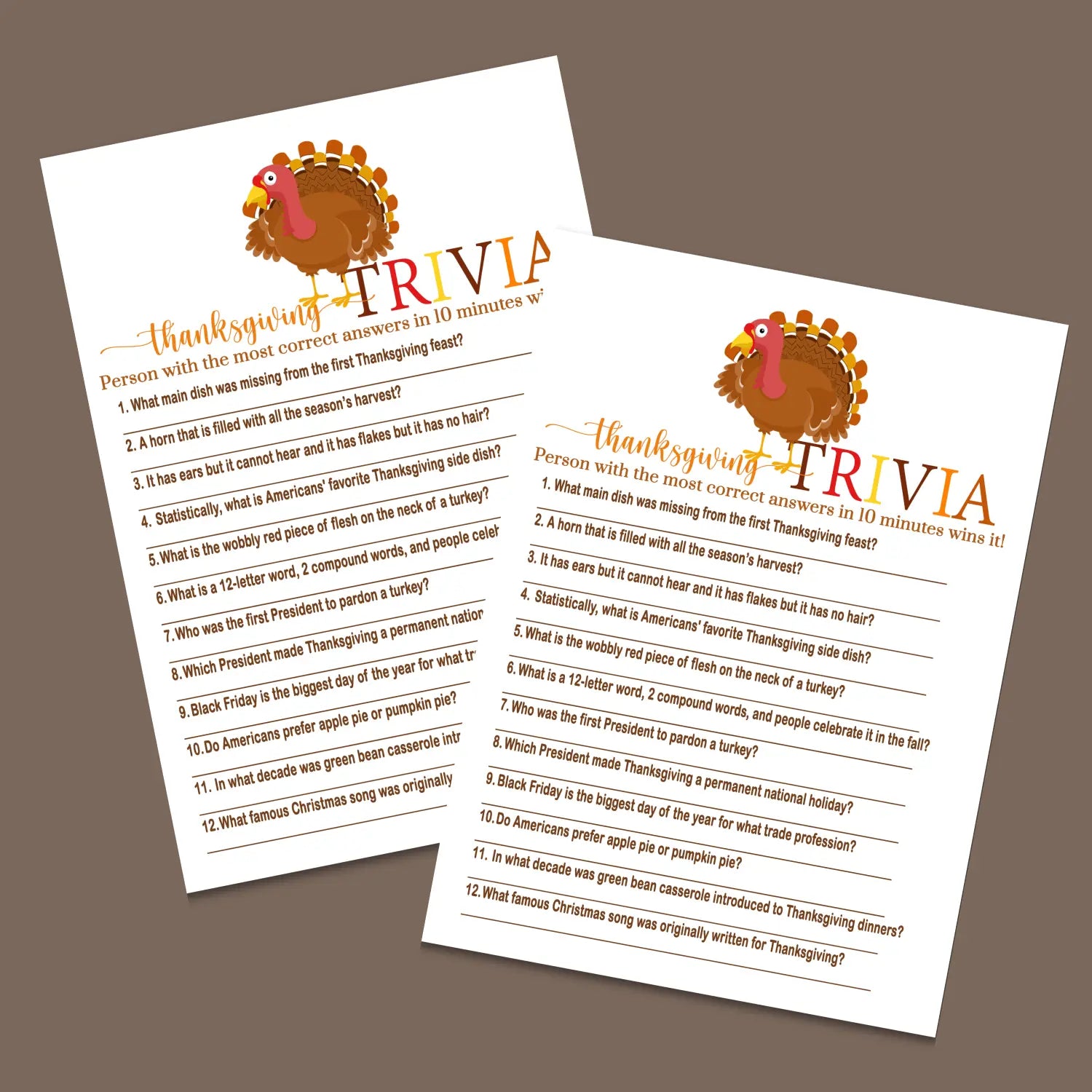 Thanksgiving trivia game printable – digital download with answer key 5x7 cards instant holiday party fun personal