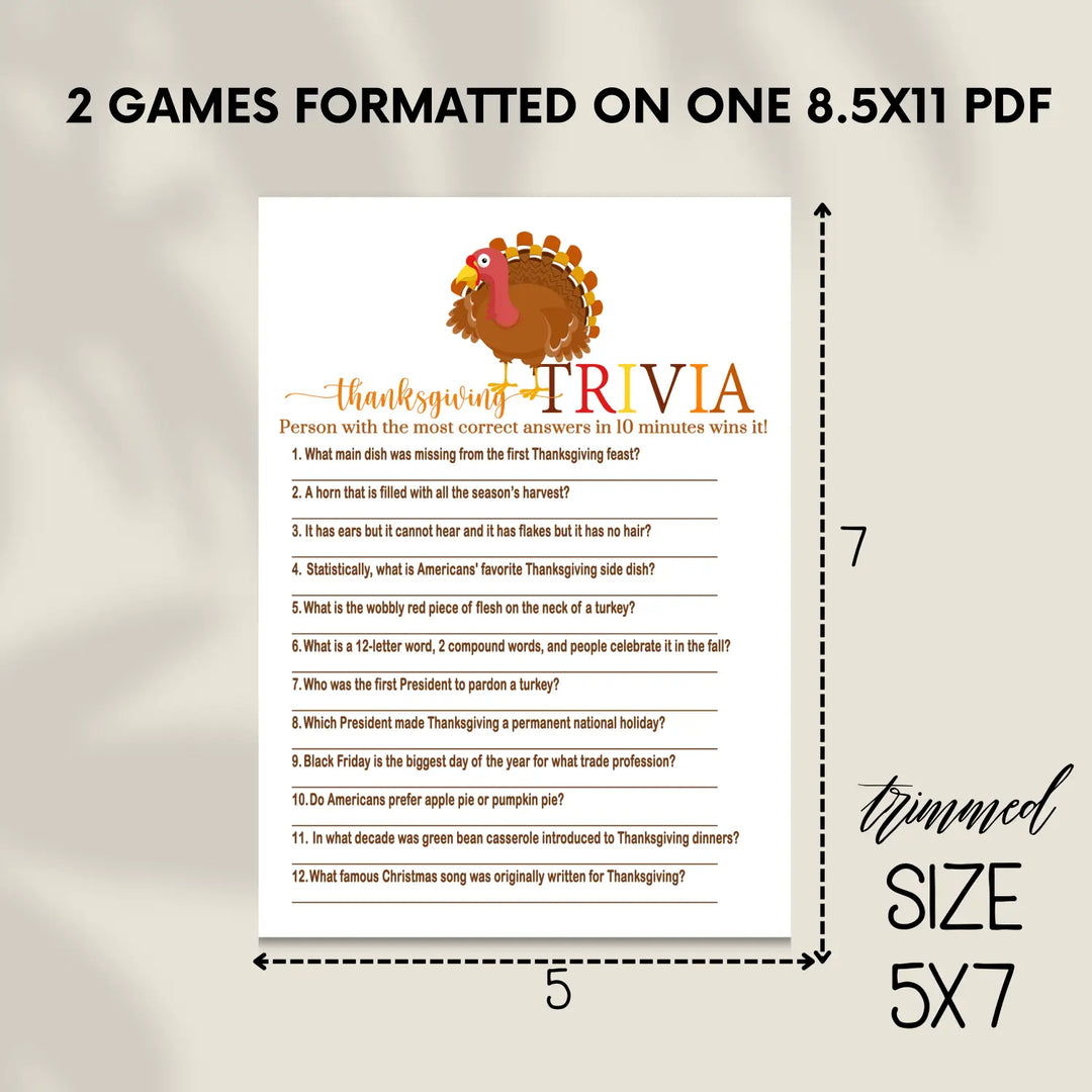 Thanksgiving trivia game printable – digital download with answer key 5x7 cards instant holiday party fun personal