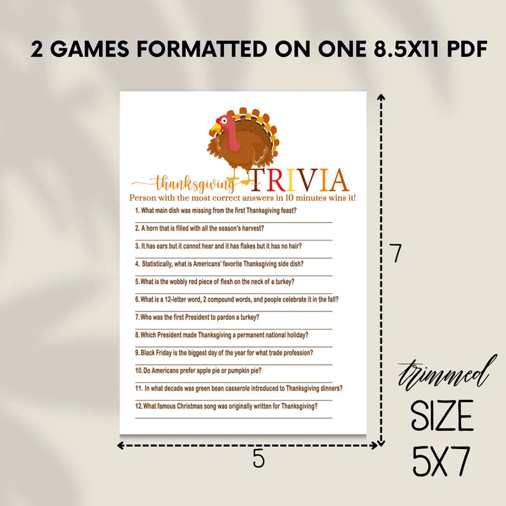 Thanksgiving trivia game printable – digital download with answer key 5x7 cards instant holiday party fun personal