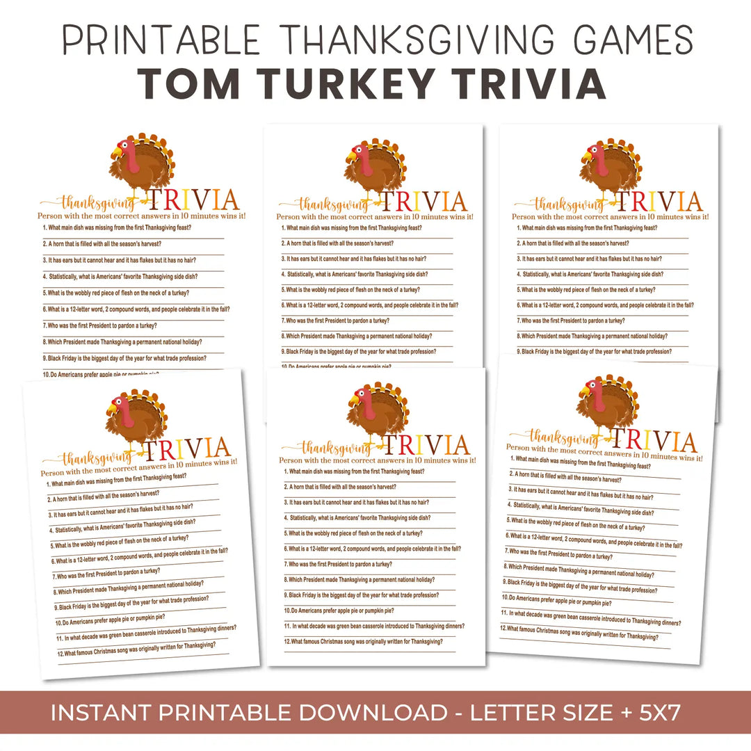 Thanksgiving trivia game printable – digital download with answer key 5x7 cards instant holiday party fun personal