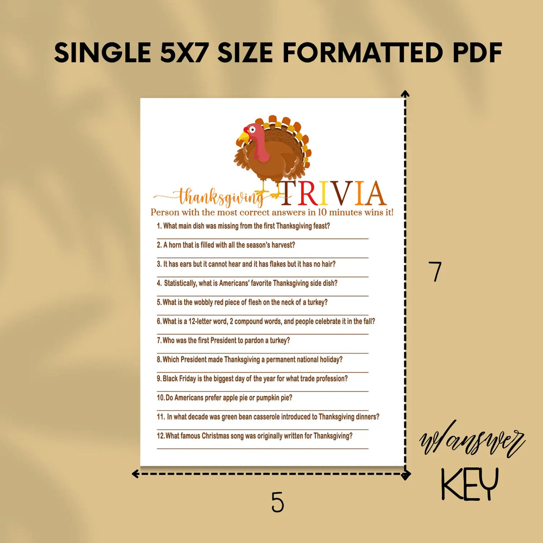 Thanksgiving trivia game printable – digital download with answer key 5x7 cards instant holiday party fun personal