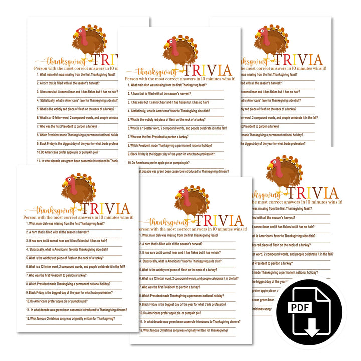 Thanksgiving trivia game printable – digital download with answer key 5x7 cards instant holiday party fun personal