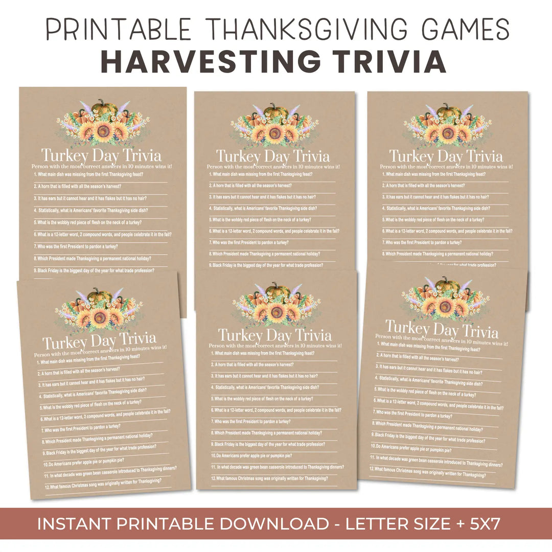 Thanksgiving trivia game printable – harvesting digital download with answer key 5x7 cards instant holiday party fun