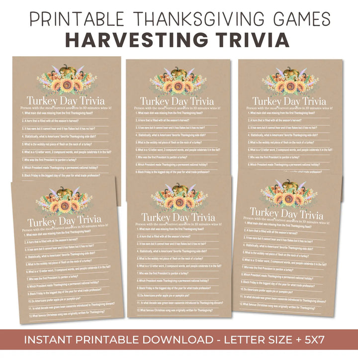 Thanksgiving trivia game printable – harvesting digital download with answer key 5x7 cards instant holiday party fun