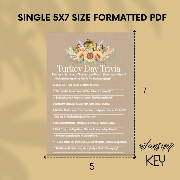 Thanksgiving trivia game printable – harvesting digital download with answer key 5x7 cards instant holiday party fun