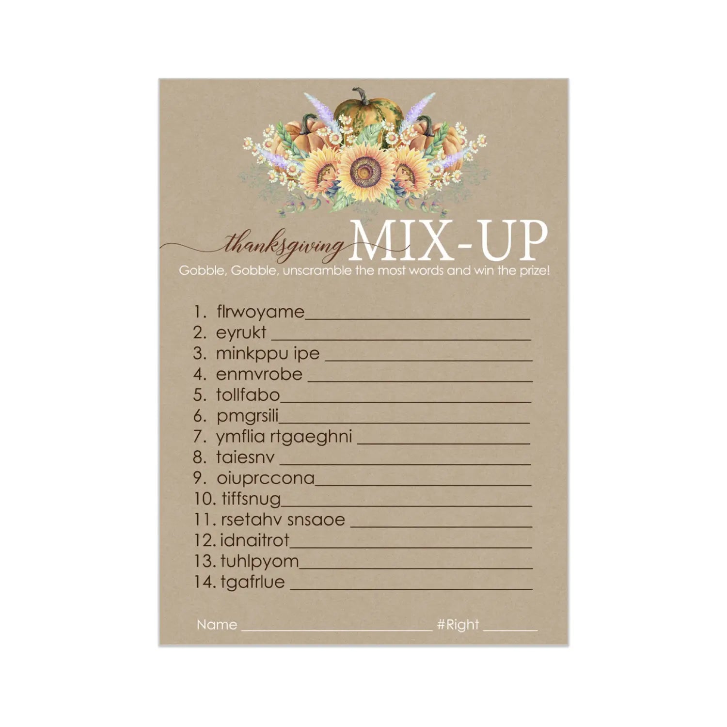 Thanksgiving word scramble game - fun party activity for adults kids & friendsgiving - rustic sunflower pumpkin theme