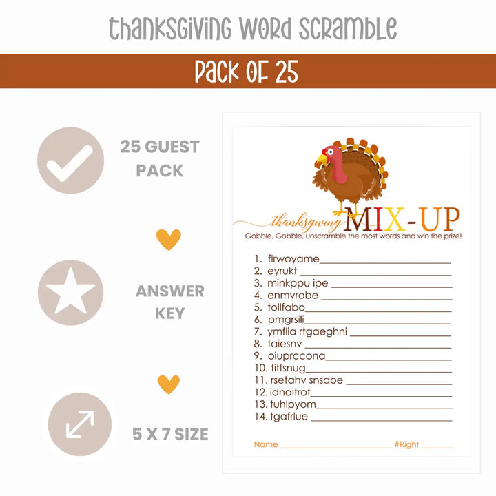 Thanksgiving Word Scramble Game - Fun Party Activity for Adults & Kids - Turkey, Pumpkin & Leaves Theme - 25 Guests - Paper Clever Party