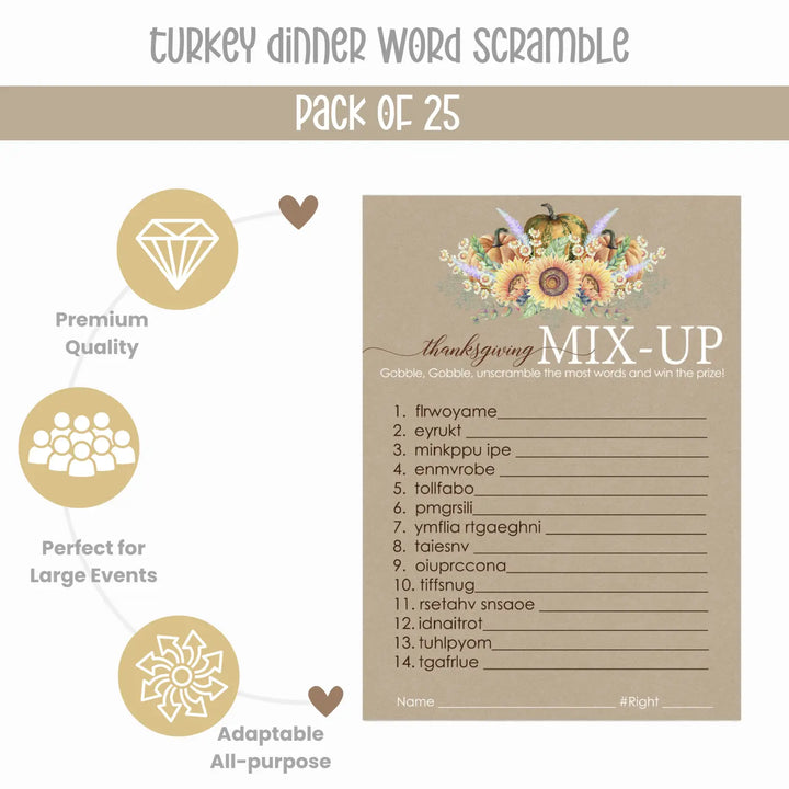 Thanksgiving Word Scramble Game - Fun Party Activity for Adults, Kids & Friendsgiving - Rustic Sunflower & Pumpkin Theme - 25 Guests - Paper Clever Party