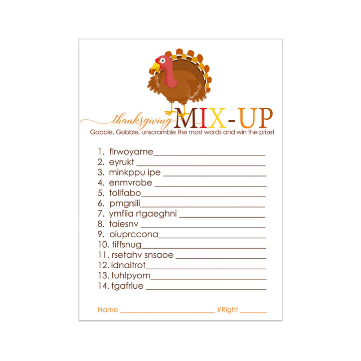 Thanksgiving Word Scramble Game - Fun Party Activity for Adults & Kids - Turkey, Pumpkin & Leaves Theme - 25 Guests - Paper Clever Party