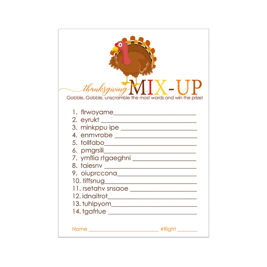 Thanksgiving Word Scramble Game - Fun Party Activity for Adults & Kids - Turkey, Pumpkin & Leaves Theme - 25 Guests - Paper Clever Party