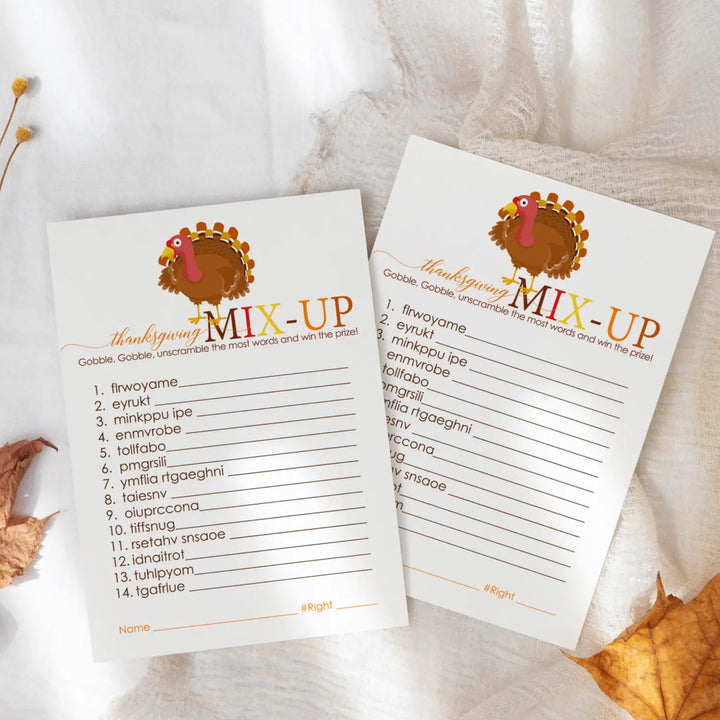 Thanksgiving Word Scramble Game - Fun Party Activity for Adults & Kids - Turkey, Pumpkin & Leaves Theme - 25 Guests - Paper Clever Party