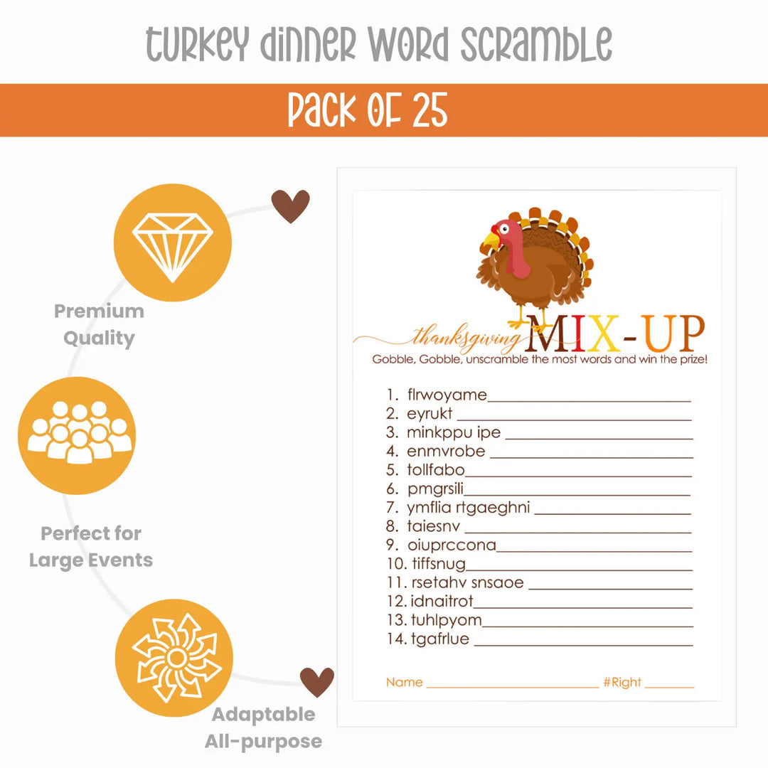 Thanksgiving Word Scramble Game - Fun Party Activity for Adults & Kids - Turkey, Pumpkin & Leaves Theme - 25 Guests - Paper Clever Party